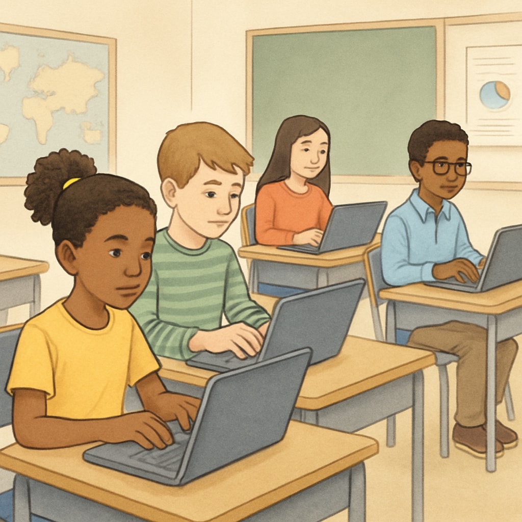 A classroom of students using laptops, symbolizing technology in education. Students using laptops in a classroom setting, illustrating internet-based education.