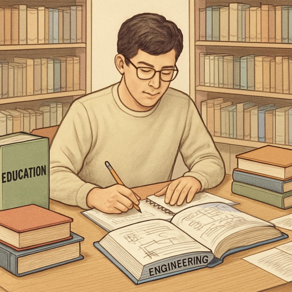 A student working on dual degrees in education and engineering in a library.