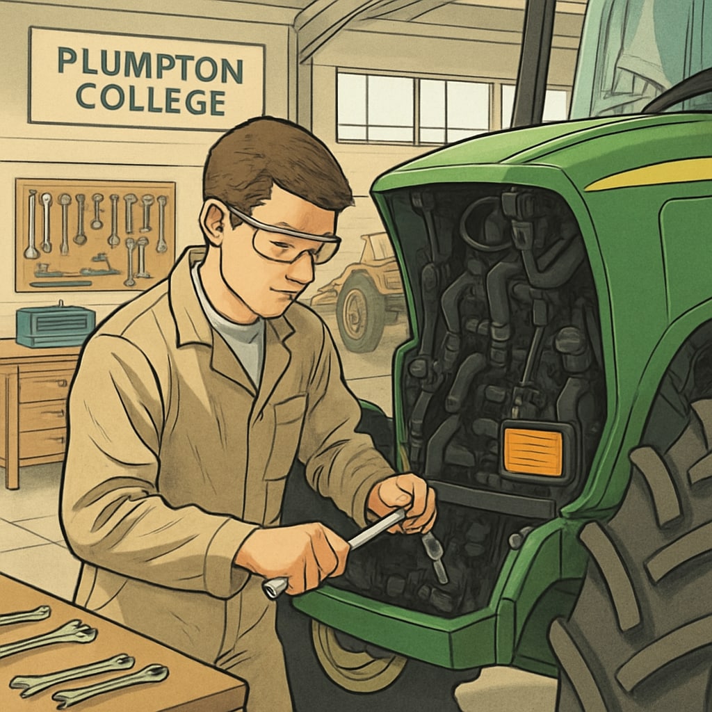 A student working on agricultural machinery in a Plumpton College workshop, showcasing hands-on vocational training. Plumpton College student working on agricultural equipment during vocational training.
