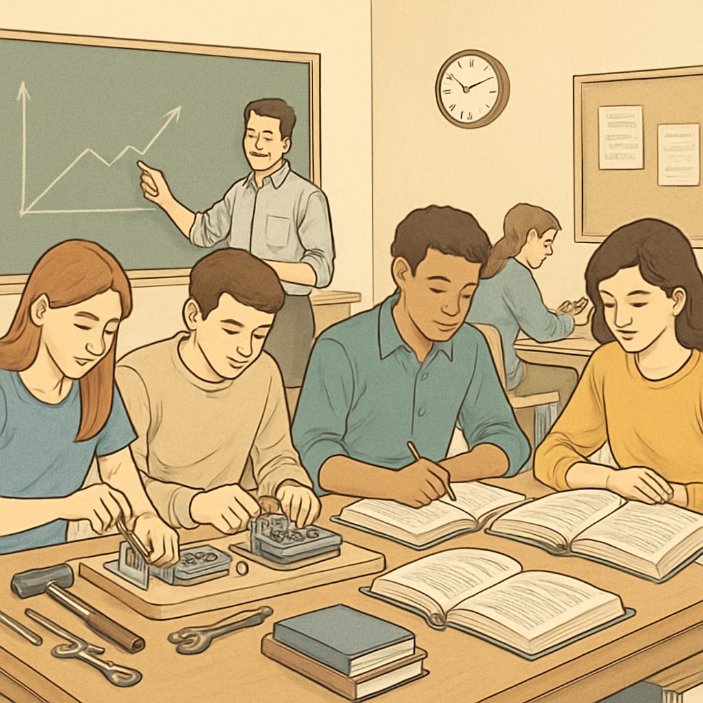 A classroom setting where students are combining vocational training with academic studies, highlighting the hybrid learning approach. Students balancing vocational education with GCSE studies in a classroom environment.