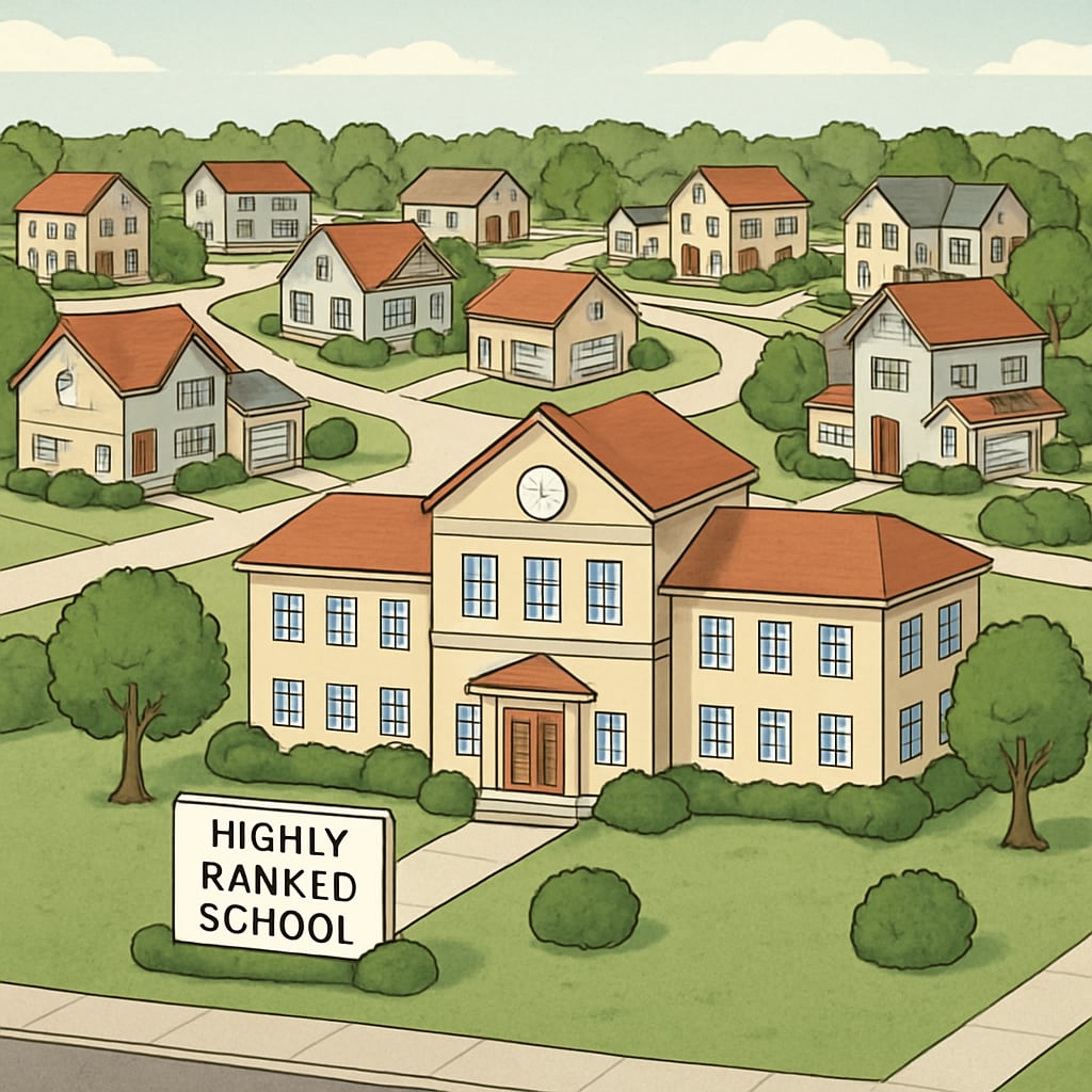 A suburban neighborhood with homes located near a highly-ranked school district, showcasing the appeal of education-focused real estate investments. Homes in a top U.S. school district showcasing real estate premiums driven by education quality.