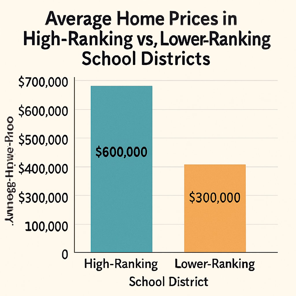 A chart comparing average home prices in high-ranking school districts versus lower-ranking ones, illustrating the premium associated with education quality. Chart comparing home prices in different school districts based on rankings.