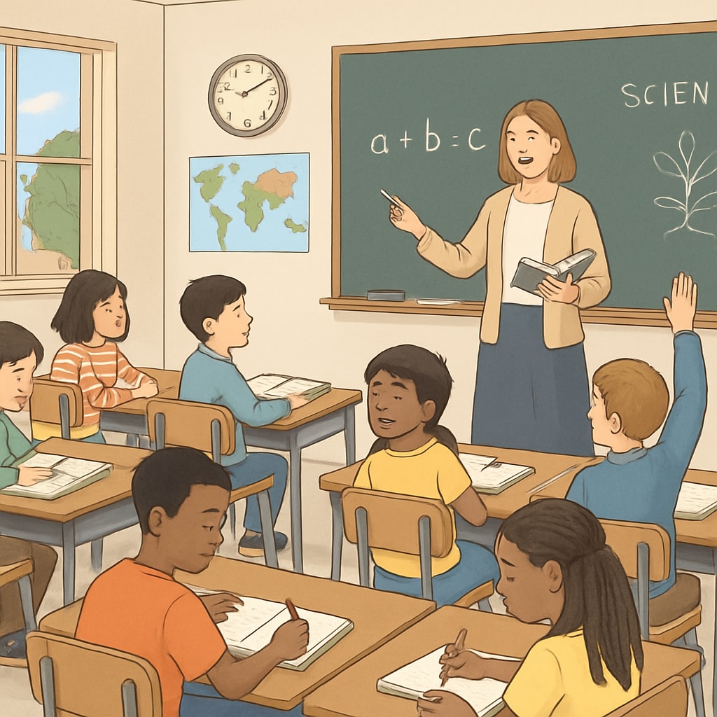 A classroom filled with students, symbolizing public education's role in the community. Public school classroom with students and teacher, representing education funding.