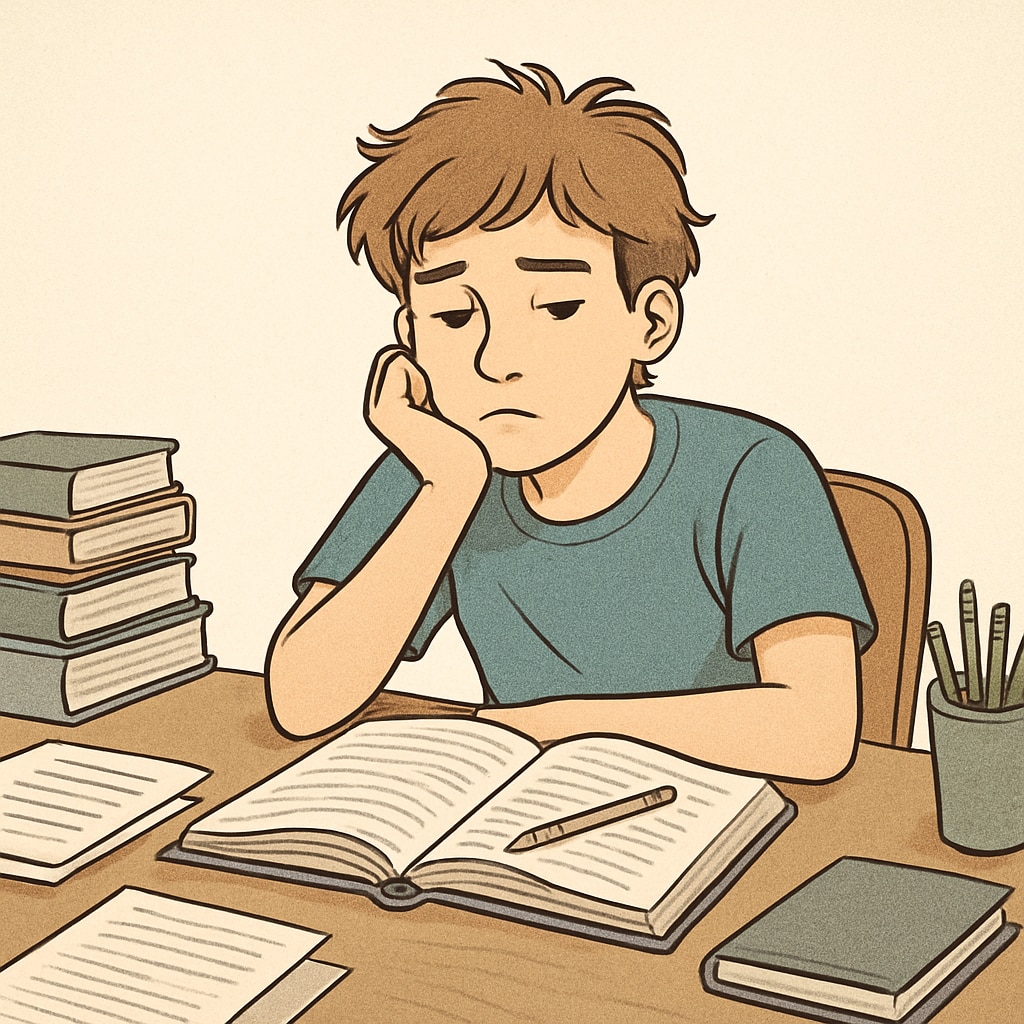 A teenager sitting at a messy desk, looking disinterested in their homework. Teenage student struggling with academic motivation.