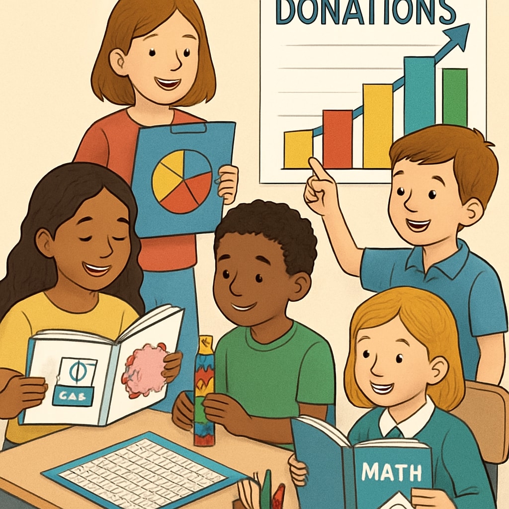 A group of students engaged in a classroom activity using colorful teaching materials, symbolizing the importance of donations. Students learning with colorful teaching supplies in a classroom setting.