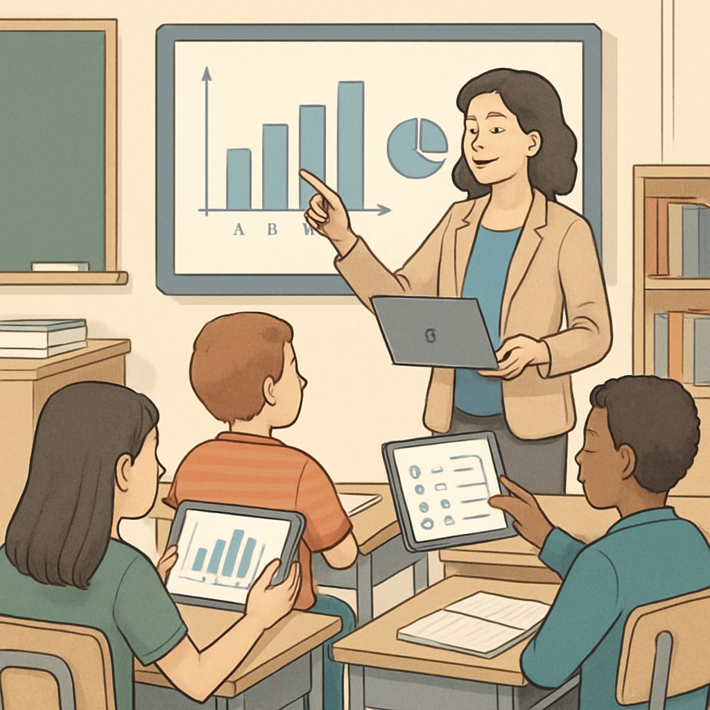 A teacher using interactive technology in a classroom, illustrating innovative education methods. Teacher using educational technology in a public school classroom.