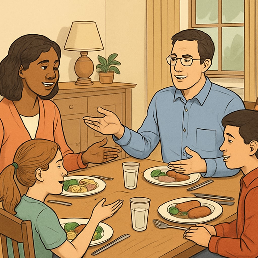 A family having an open discussion around the dinner table. Family communication supporting teenage development.