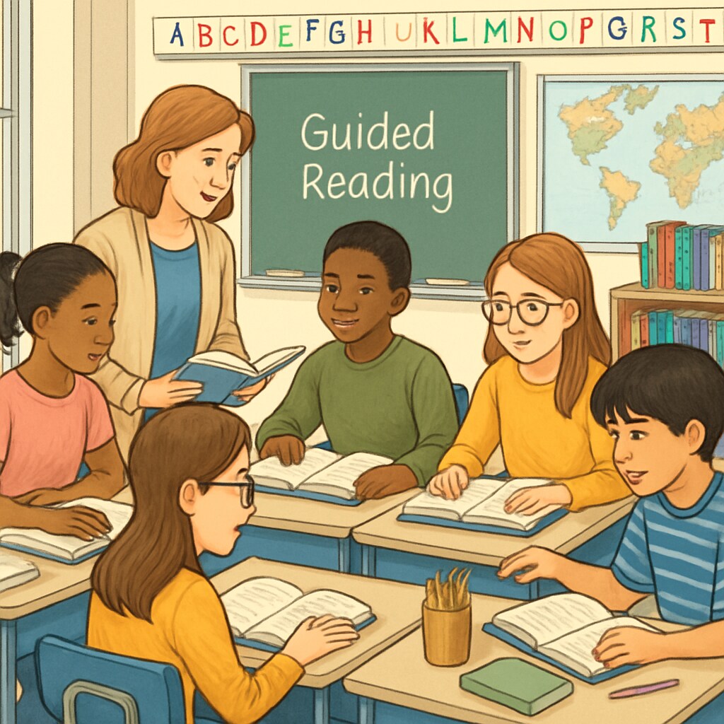 A diverse group of 5th-grade students engaged in a guided reading activity in a classroom setting. Students participating in a guided reading session, part of 5th-grade ELA teaching strategies.