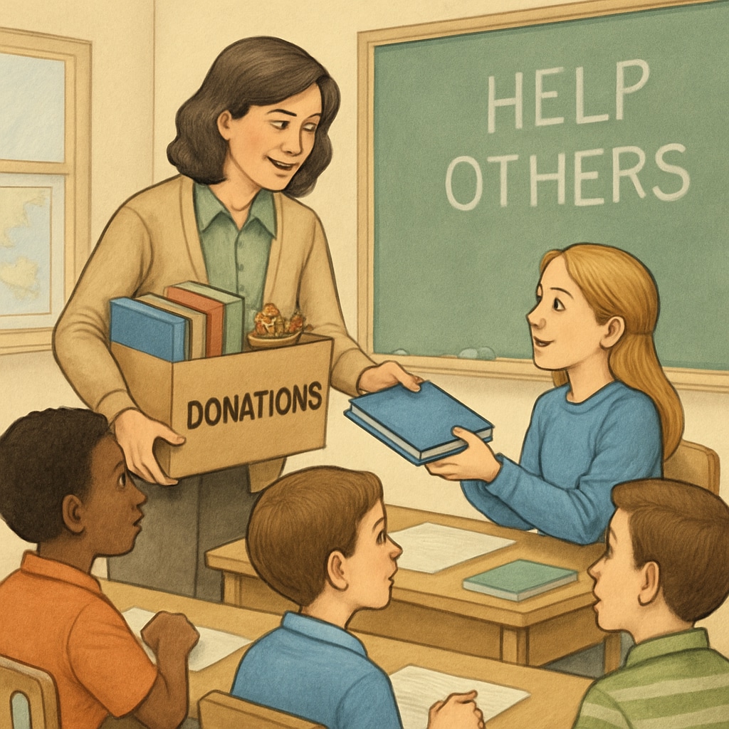A teacher handing out donated books and supplies to students in a classroom, emphasizing the impact of contributions. A teacher distributing donated teaching supplies to students in a classroom.