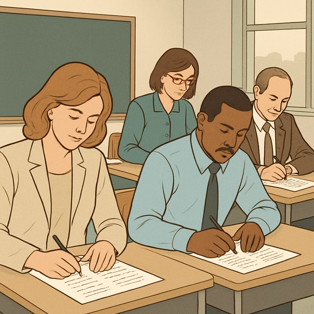 A group of teachers taking a formal assessment in a classroom setting, symbolizing screening processes. Teachers undergoing assessment as part of political screening in Oklahoma.