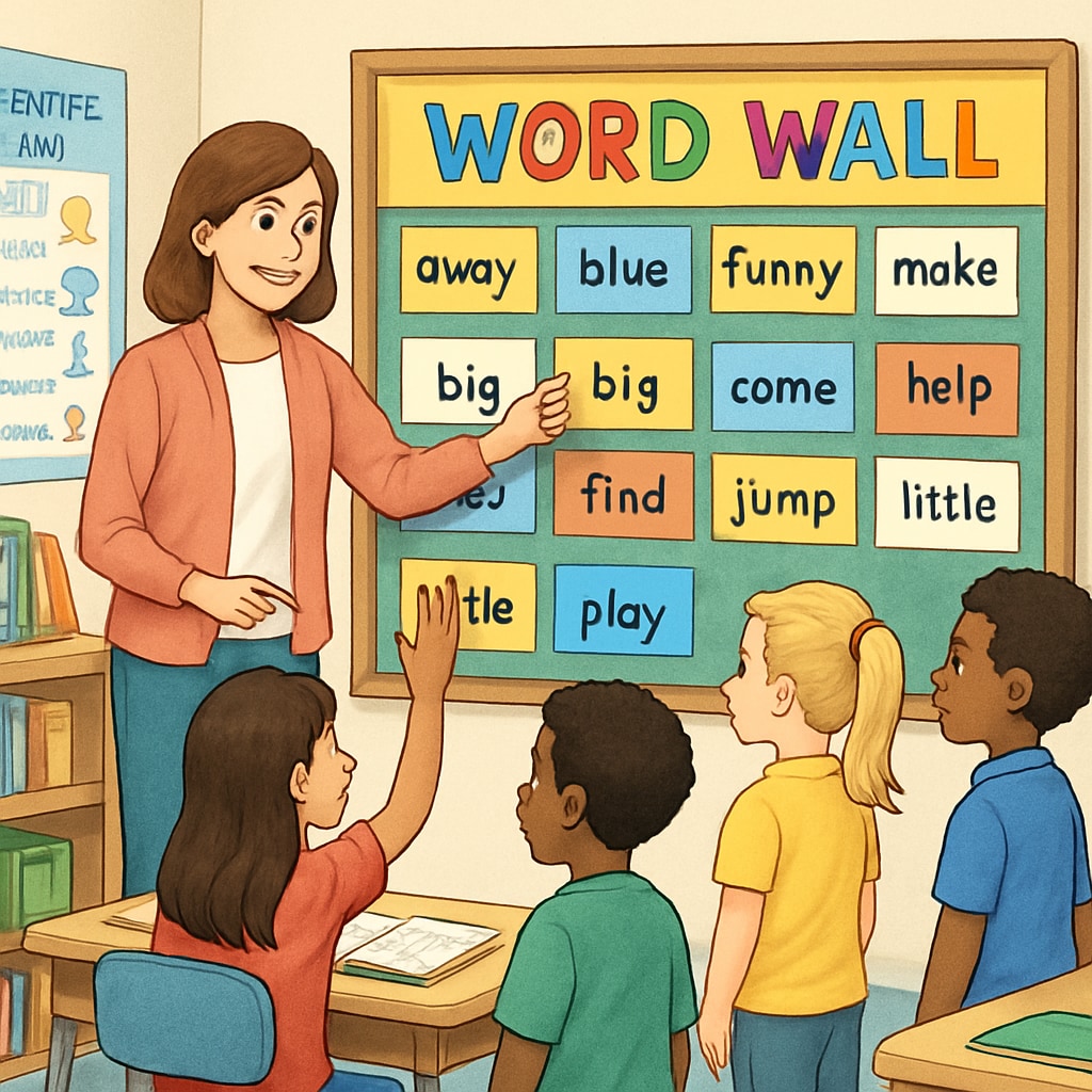 A teacher guiding students through a vocabulary exercise using a word wall in a bright, interactive classroom. Teacher and students working with a classroom word wall to learn vocabulary as part of ELA teaching.