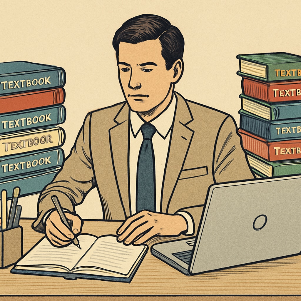 A busy professional sitting at a desk with textbooks and a laptop, symbolizing the balance between work and study. Professional balancing work and study with textbooks and a laptop.