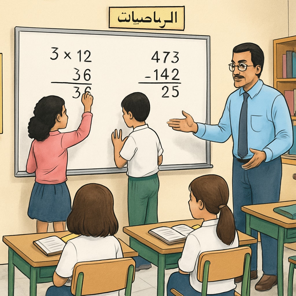 A classroom in an Arabic-speaking region with students solving math problems on a whiteboard. The students appear engaged, and the teacher is facilitating the lesson. Arabic-speaking students solving math problems in a classroom, related to high school mathematics challenges.