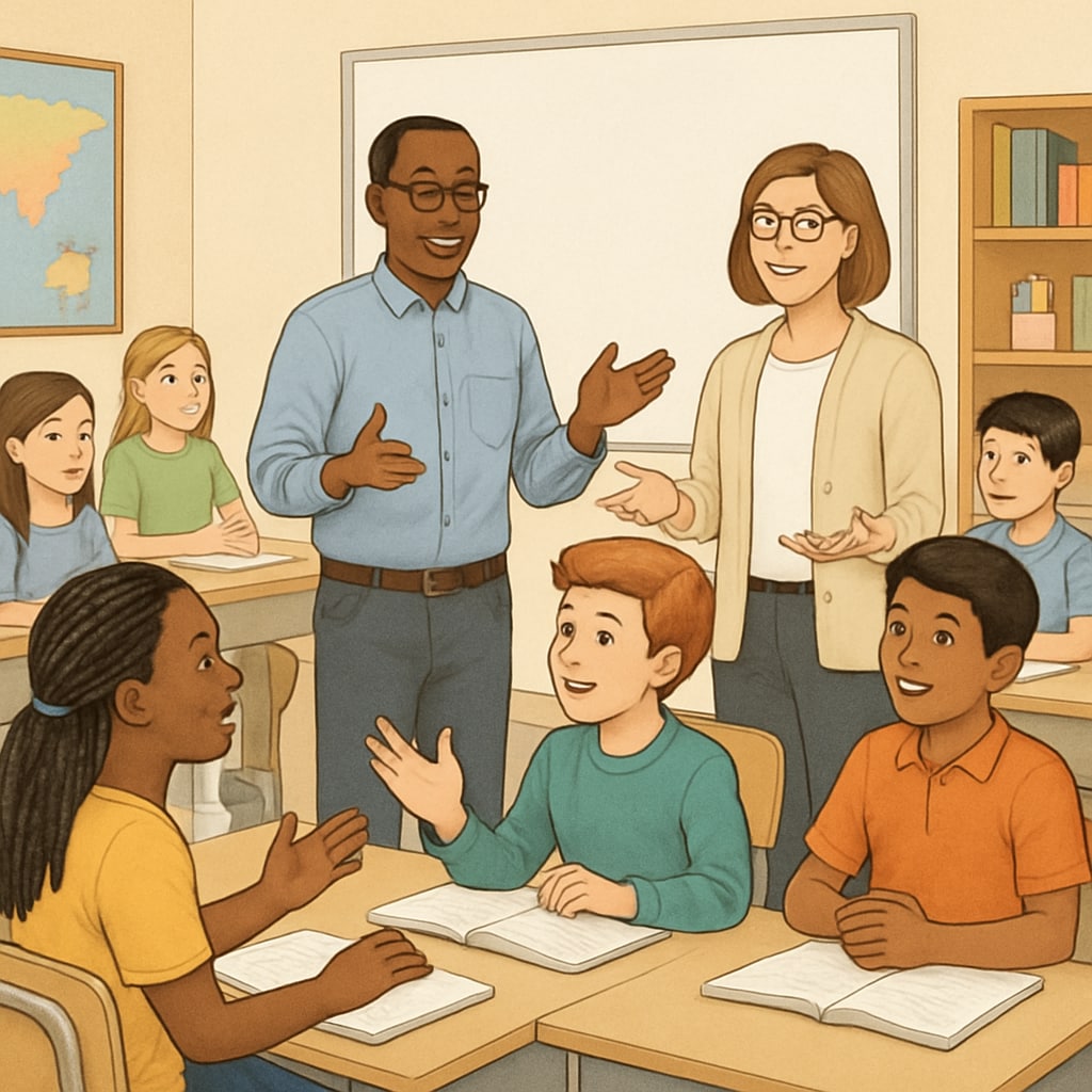 A diverse classroom setting with students and teachers engaging in open discussion, symbolizing the importance of varied perspectives in education. A classroom featuring diverse perspectives in education, highlighting neutrality concerns.