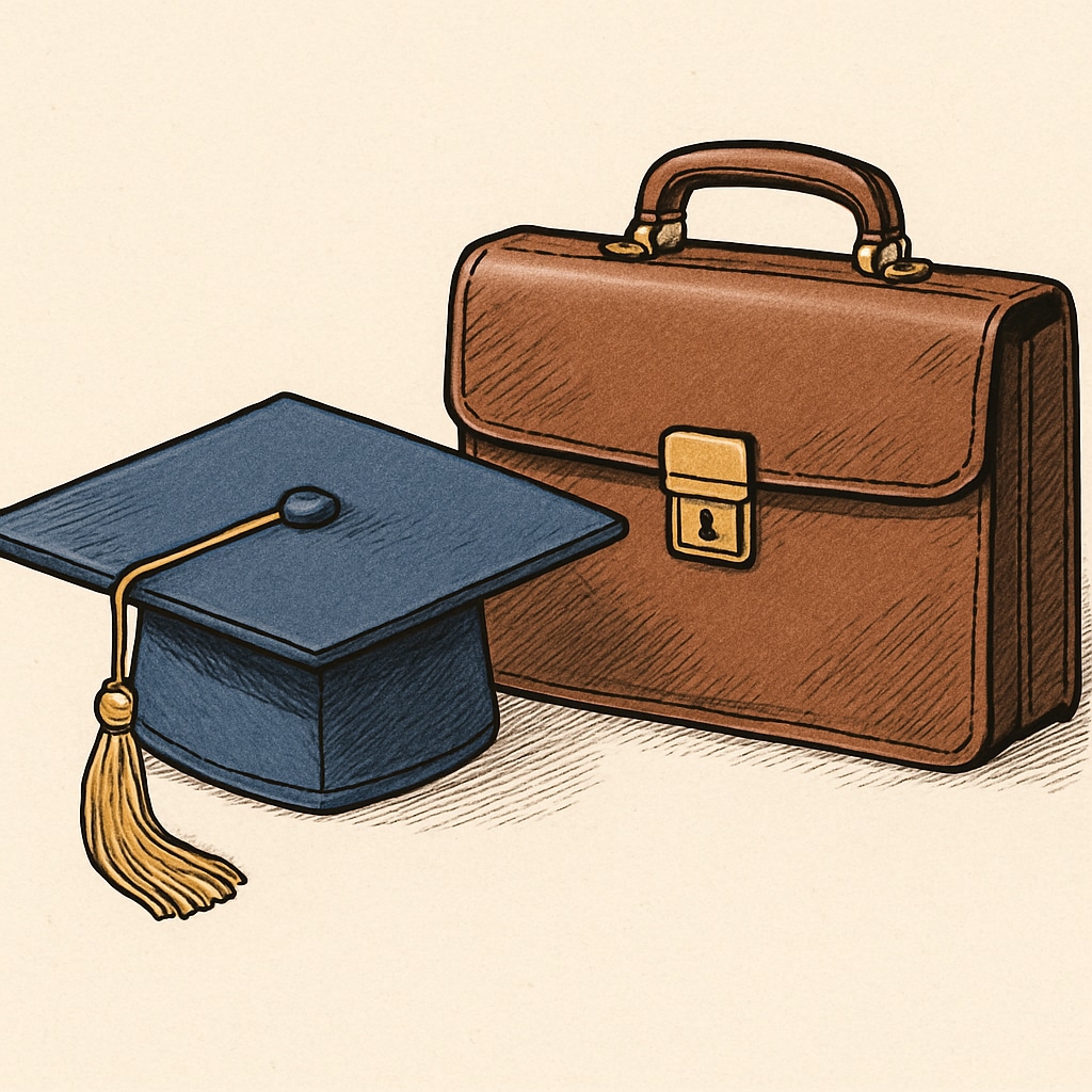 A graduation cap placed near a briefcase, symbolizing the union of academic success and professional advancement. Graduation cap and briefcase representing career growth through education.