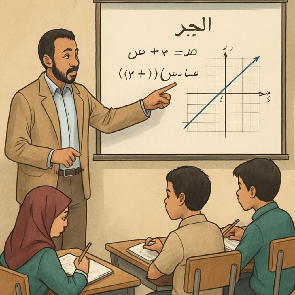 An Arabic-speaking teacher using a projector to explain algebraic concepts to students. The teacher is pointing at a diagram while the students take notes. A teacher in an Arabic-speaking classroom explaining algebraic concepts, related to teaching strategies.