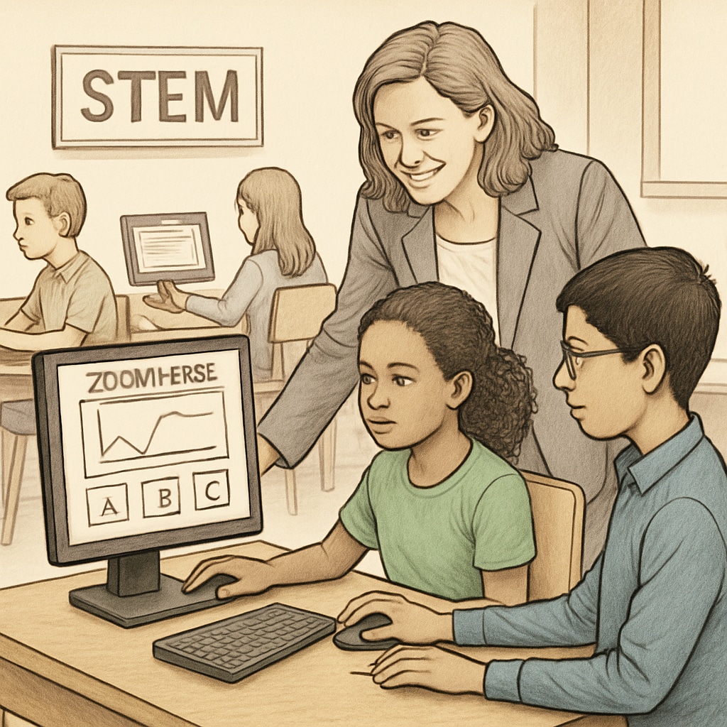 A teacher helping students navigate a Zooniverse project on their computers, symbolizing STEM integration in classrooms. Teacher guiding students through a Zooniverse STEM project on computers.