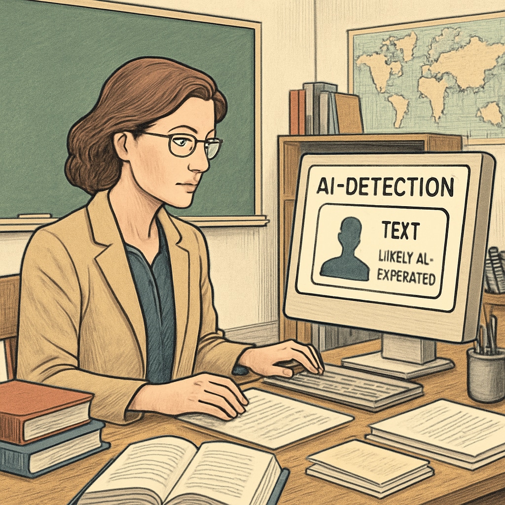 A teacher reviewing AI-detection software on a computer in a classroom setting. Teacher using AI homework detection software in a classroom.