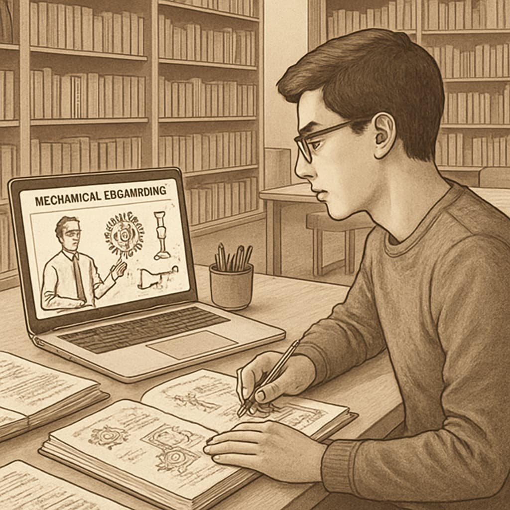 A student studying mechanical engineering while attending an online class on their laptop in a library. Engineering student attending an online class to pursue a dual degree.