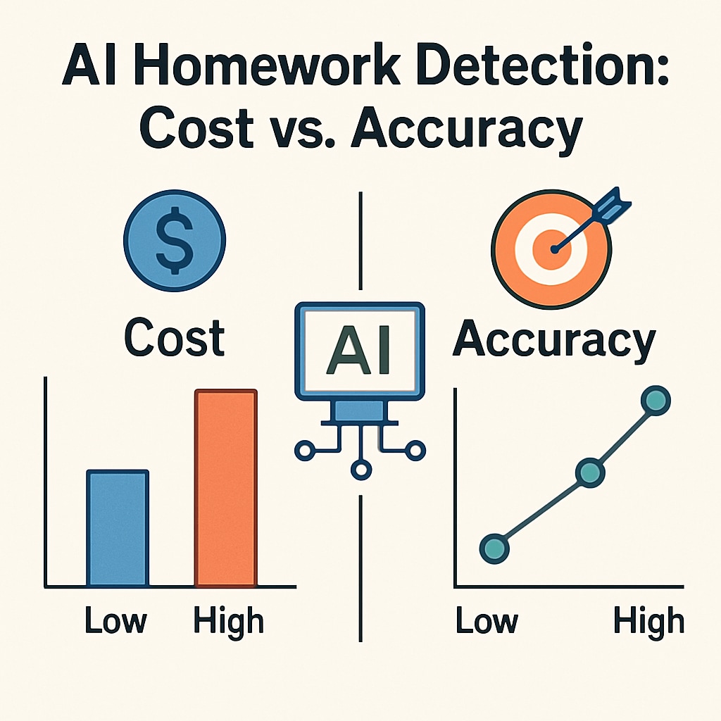 An infographic illustrating the cost and accuracy challenges of AI homework detection systems. Infographic on AI homework detection challenges.