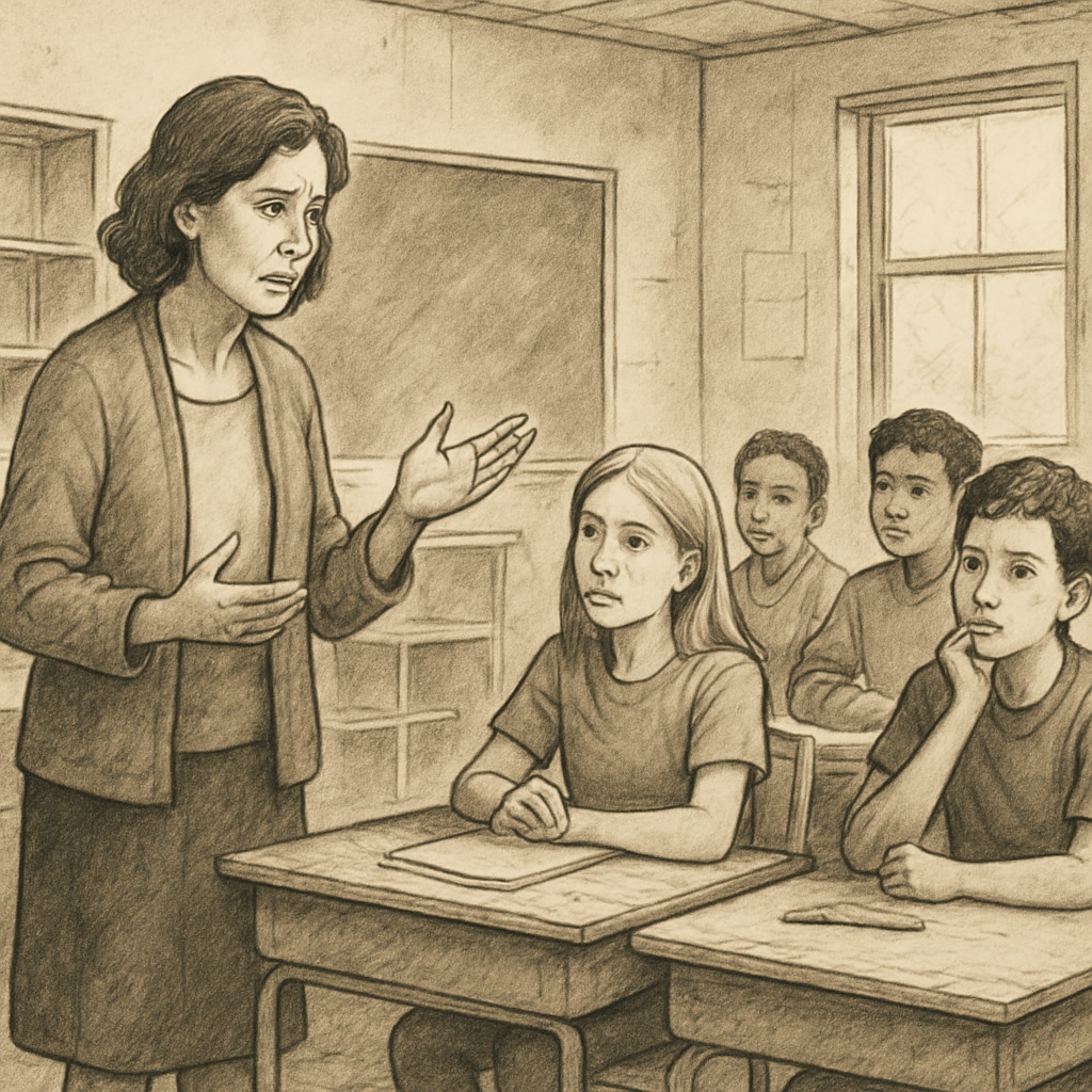 A concerned teacher addressing students in a public classroom affected by funding cuts. A teacher speaking to students about public education funding challenges.