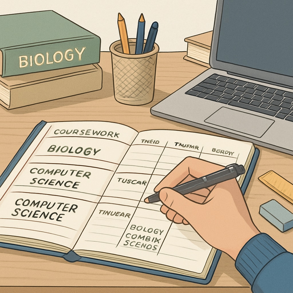 A detailed planner open on a desk with a student scheduling coursework for two degrees. Planner showing a dual-degree student managing time effectively.