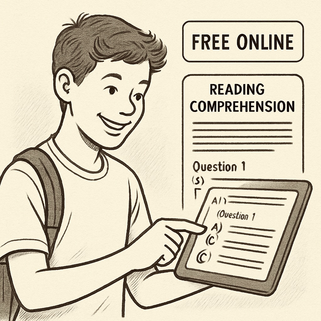 A student using a free online reading comprehension tool on a tablet, smiling as they answer questions. A child engaging with a free reading comprehension tool as a replacement for Accelerated Reader.