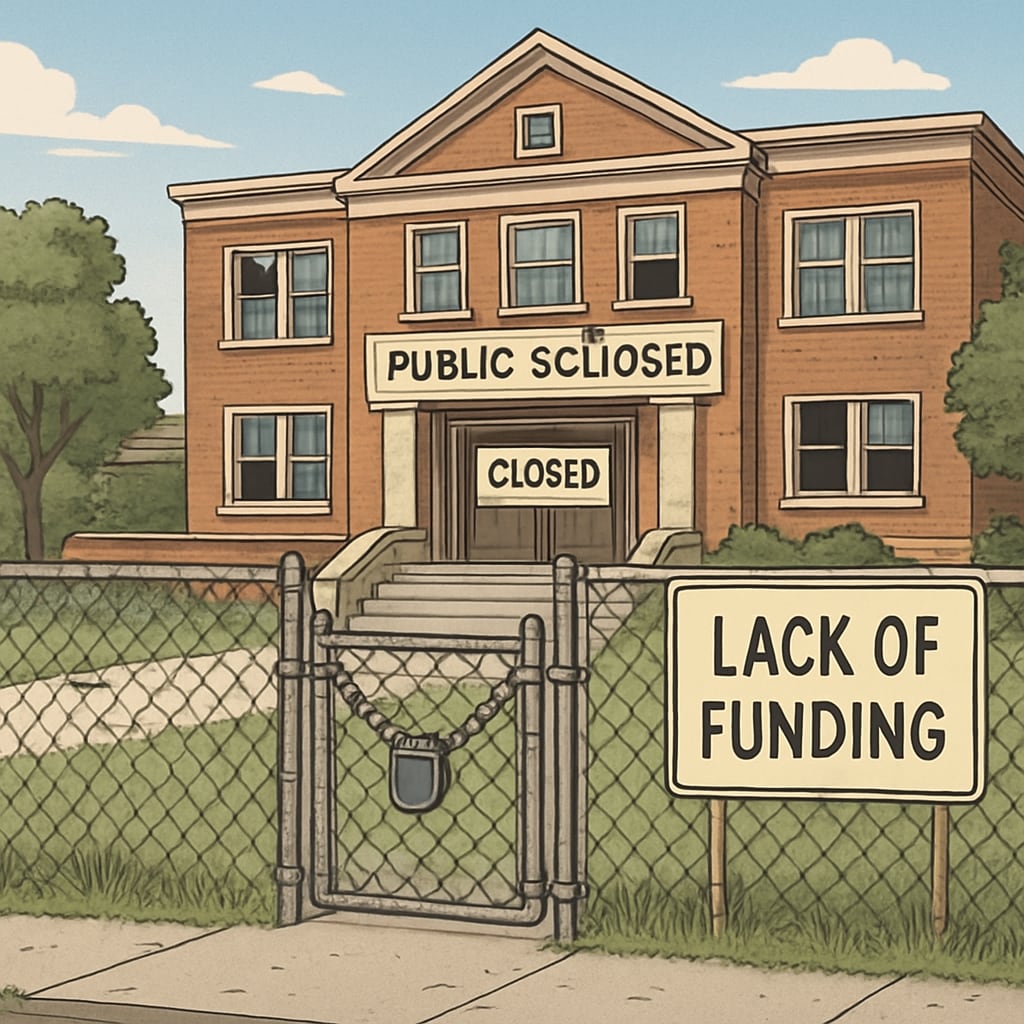 A closed public school with a sign indicating lack of funding, highlighting the consequences of privatization. Closed public school due to funding diversion.