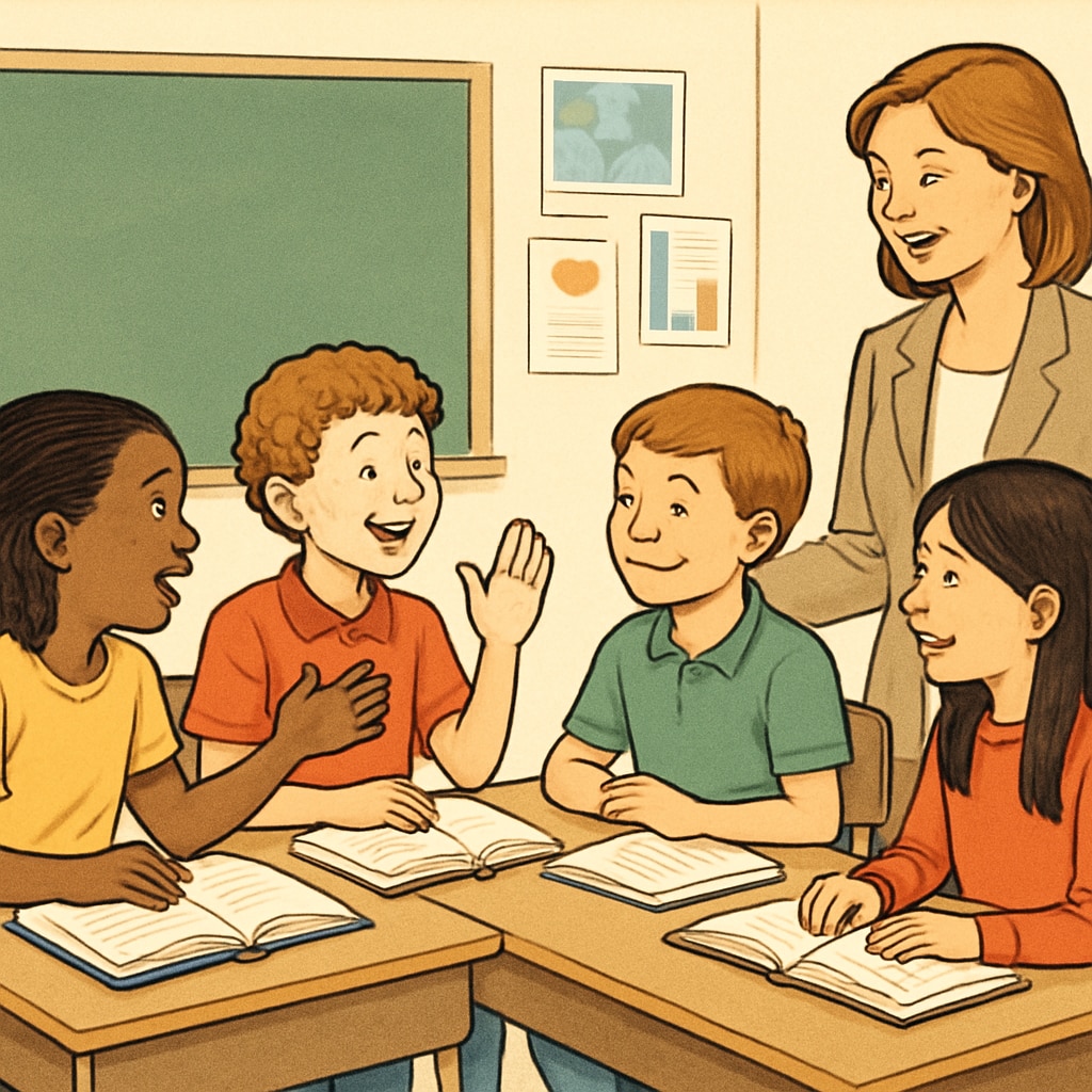 A group of children discussing books in a classroom, with a teacher guiding the conversation. Students sharing their thoughts on books to enhance reading interest and comprehension.