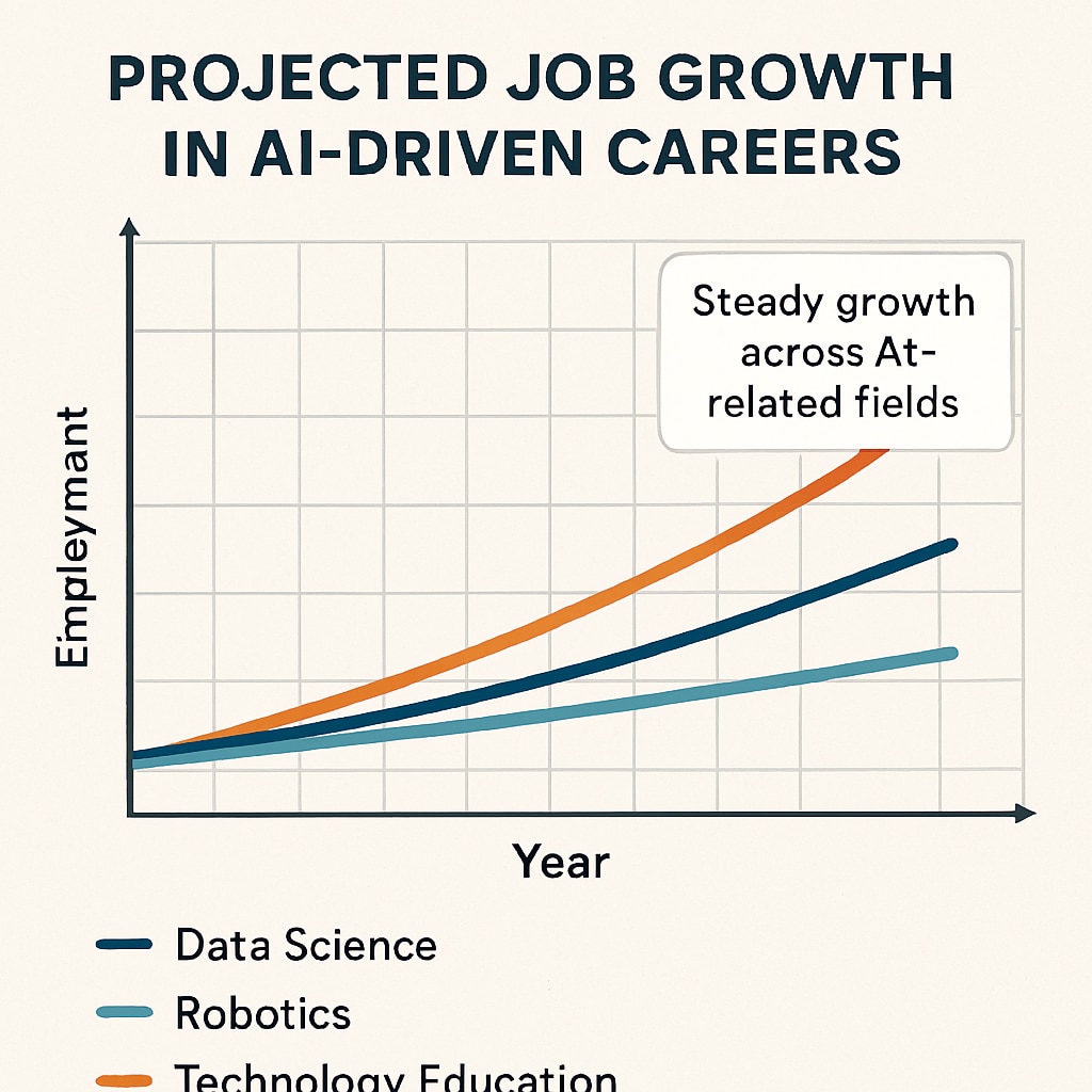 A graph illustrating projected job growth in AI-driven careers, such as data science, robotics, and technology education. Graph showing AI-related job growth projections.