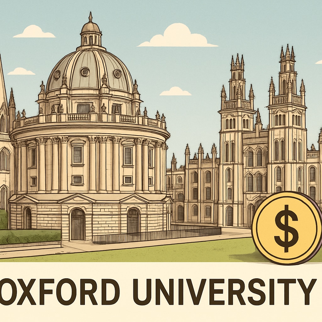 A photo of Oxford University campus, showing the grandeur of its historic buildings, symbolizing the prestige and financial barriers associated with attending. Oxford University campus representing financial barriers for immigrant students.