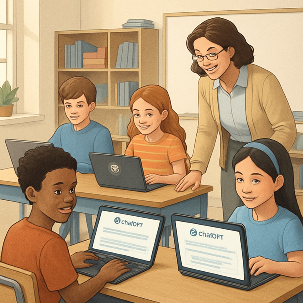 A classroom setting with students working on laptops, showcasing the integration of AI tools like ChatGPT into education. Students using AI tools like ChatGPT in a classroom environment, reflecting on academic integrity challenges.