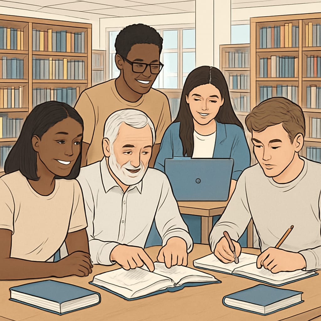 A diverse group of students studying together in a library, representing the potential for inclusivity and diversity in education. Diverse students studying in a library, symbolizing inclusivity in education.