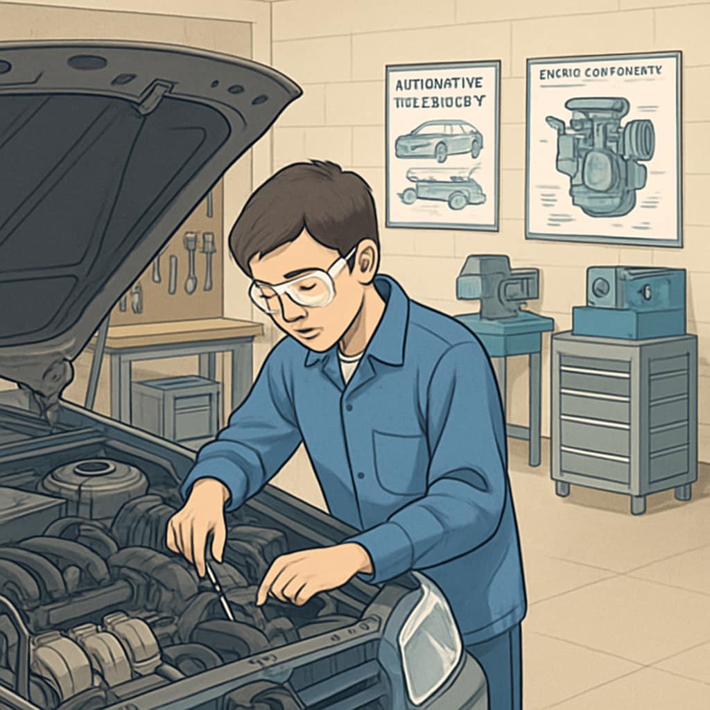 A student working on a car engine in a technical education classroom, illustrating the link between K12 education and automotive technology career paths. K12 student learning automotive technology in a classroom setting