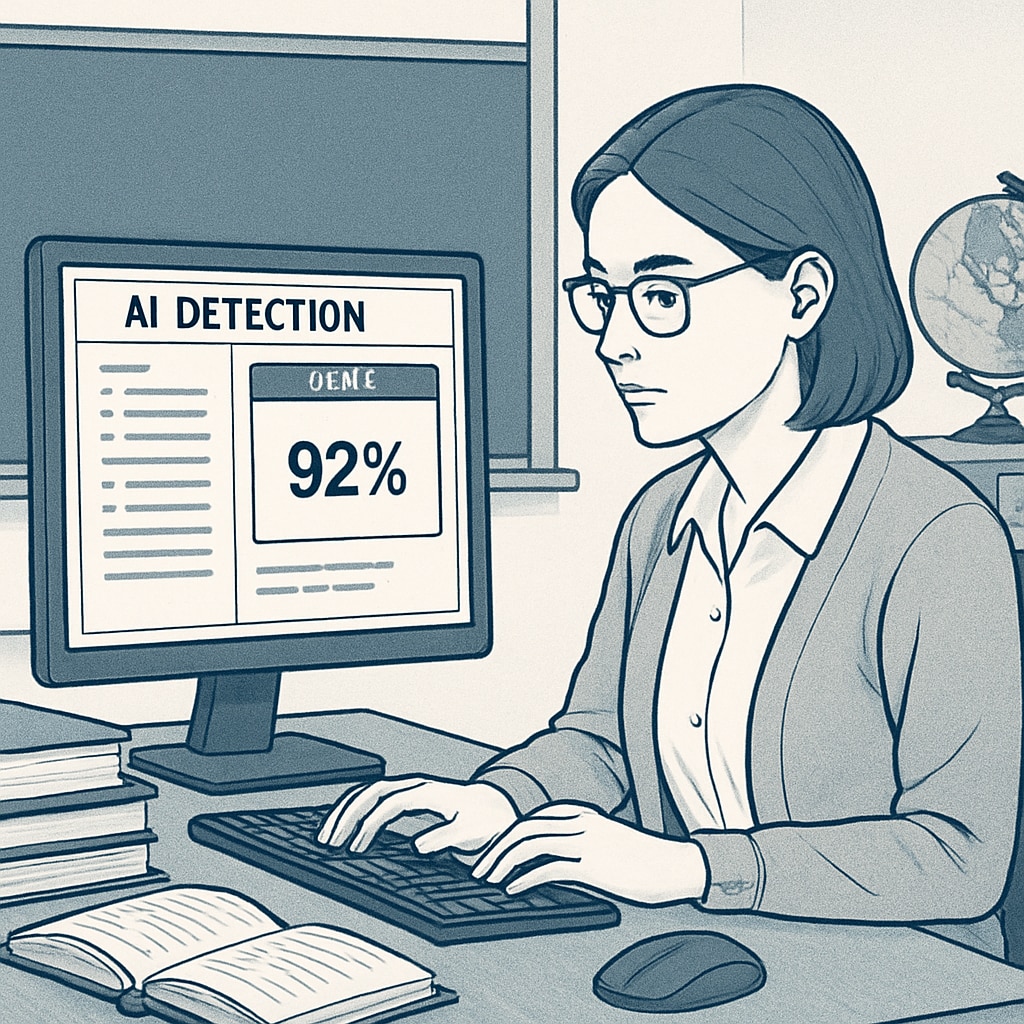 A teacher reviewing the results of an AI-detection software on their computer screen, symbolizing the challenges of identifying AI-generated content. A teacher using AI-detection tools to evaluate student assignments, illustrating detection challenges in the AI era.