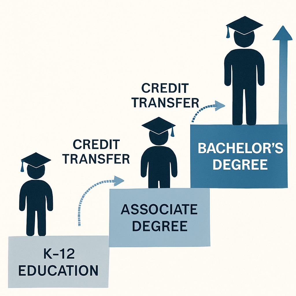 A diagram illustrating the pathway from K12 education to associate degree, then to bachelor's degree, including credit transfer steps and career progression. Visual representation of educational steps from K12 to bachelor's degree in automotive technology