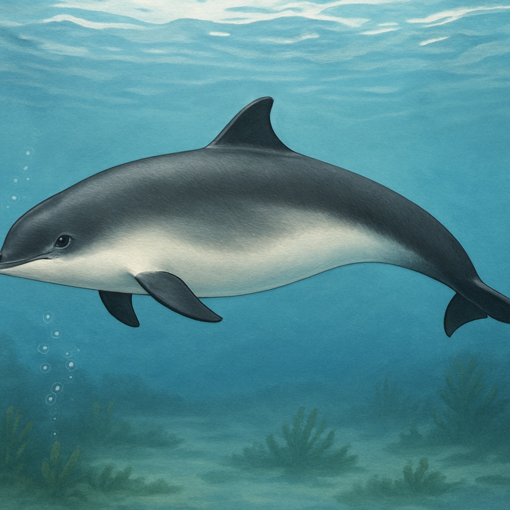 A high-resolution image of a harbor porpoise swimming in its natural habitat, showcasing its streamlined body and dorsal fin. Harbor porpoise swimming in its natural habitat.