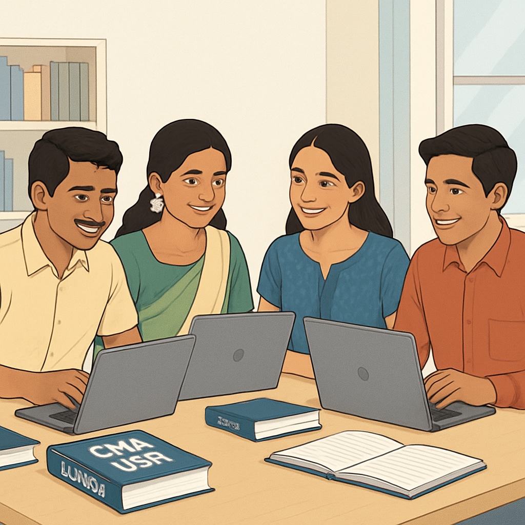 A group of Kerala students studying together with CMA USA textbooks and laptops, symbolizing collaboration and global learning. Kerala students preparing for CMA USA certification with textbooks and laptops.