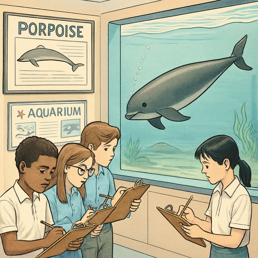 A group of students participating in a hands-on activity at an aquarium, observing a porpoise exhibit and taking notes. Students engaging in a porpoise exhibit observation activity.