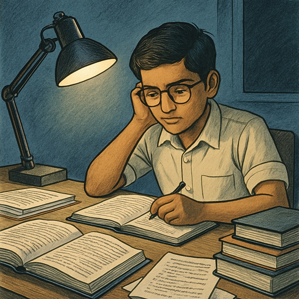 A Kerala student studying late at night at a desk filled with books and notes, representing dedication and the challenges of exam preparation. A Kerala student preparing for CMA USA certification late at night.