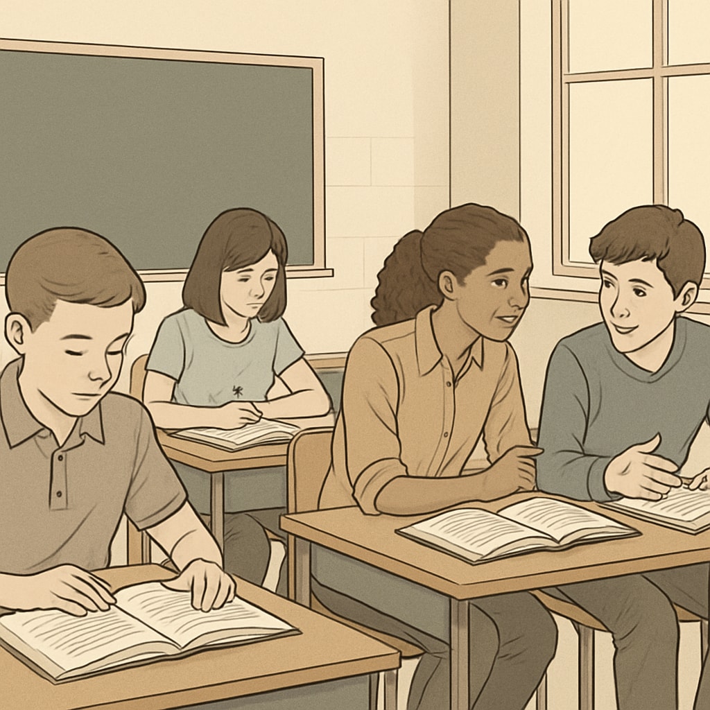 A classroom setting where students focus on books and discussions without mobile phones. Students engaged in classroom learning without mobile phones.