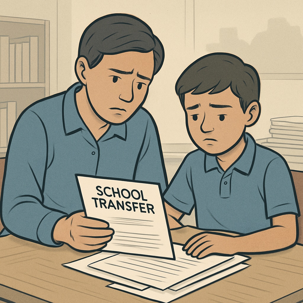A concerned parent reviewing school transfer documents with their child, symbolizing the bureaucratic challenges in the UK education system. Parent and child discussing school transfer challenges for SEN students in the UK.