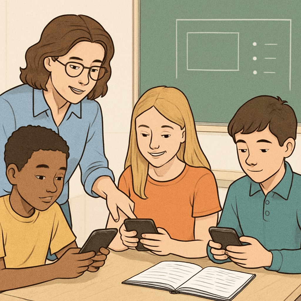 A teacher guiding students using mobile phones for a collaborative classroom activity. Students using mobile phones under teacher supervision for educational purposes.