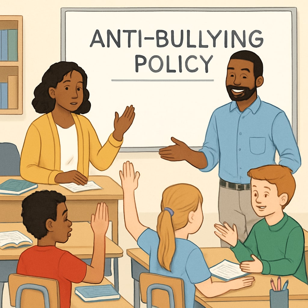 A classroom where teachers discuss anti-bullying policies with students. The image should depict a collaborative environment. Classroom discussion on anti-bullying policies.