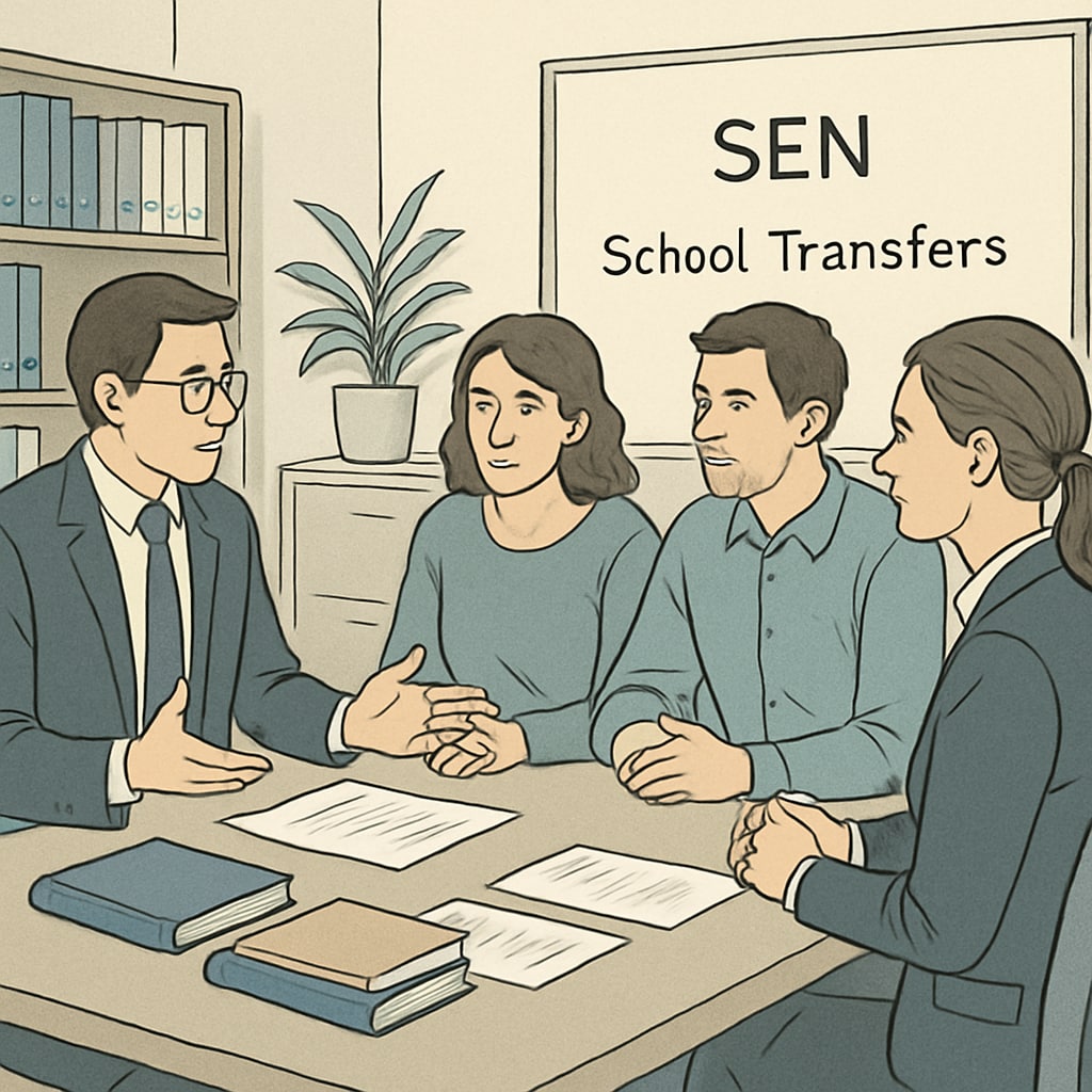 A meeting between a local education authority official and parents discussing the challenges of school transfers for SEN students. Local authority official and parents discussing SEN school transfer issues.