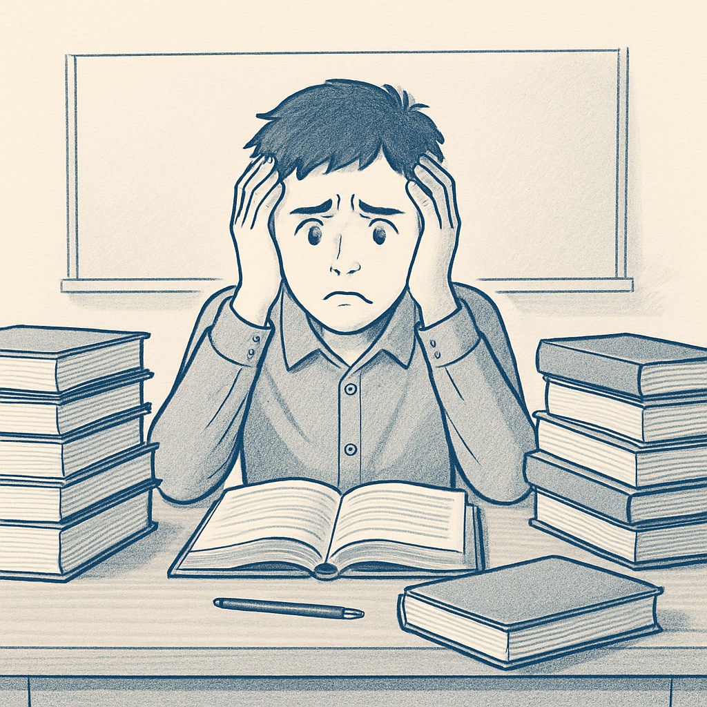 A student sitting at a desk, surrounded by textbooks, appearing stressed and overwhelmed. A stressed student studying for GCSE exams, highlighting academic anxiety.