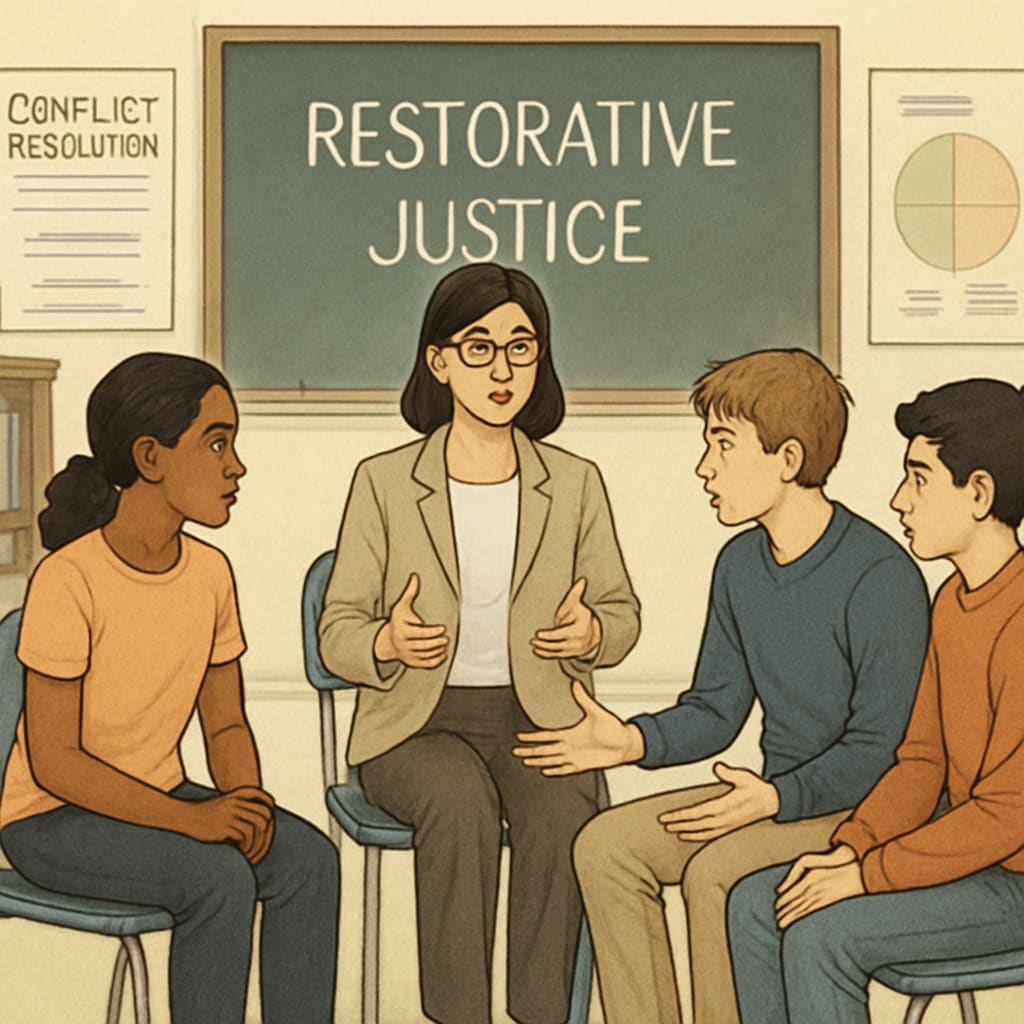 A mediator facilitating a restorative justice session between students in a school setting. The image should emphasize conflict resolution. Restorative justice session between students.