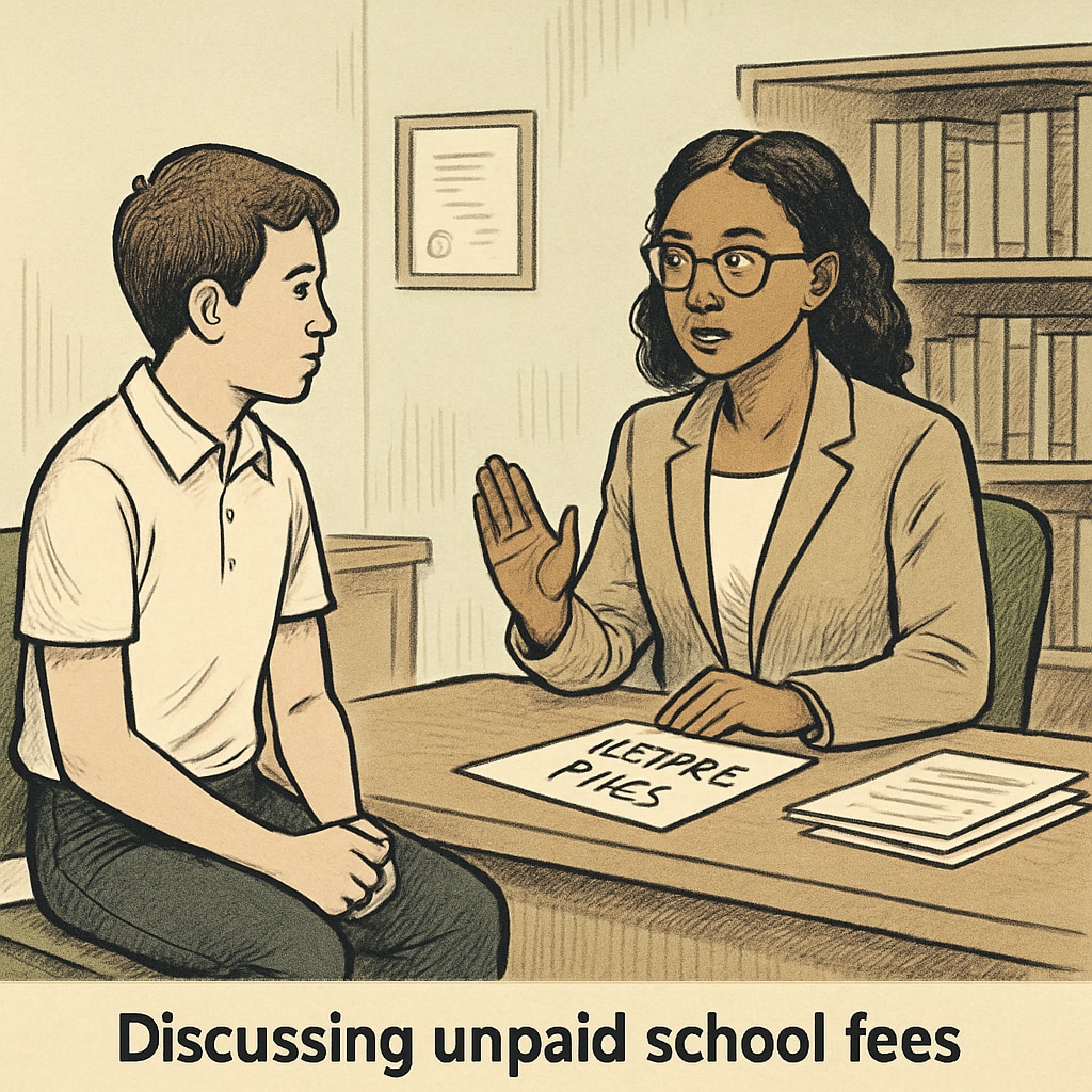 A student discussing unpaid school fees with a counselor, emphasizing the challenge of balancing institutional and student needs. Student discussing unpaid school fees with a counselor to address transcript access issues.