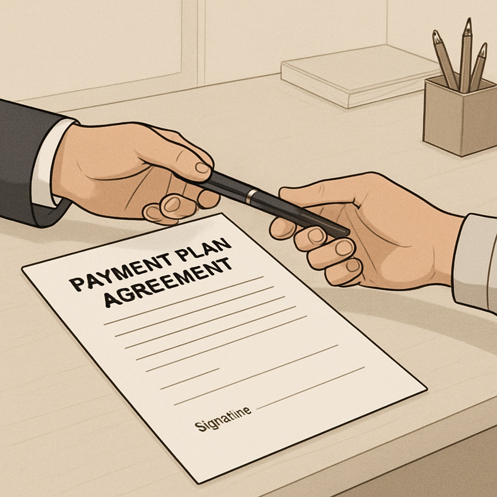A payment plan agreement being signed, symbolizing a collaborative solution to unpaid fees. Payment plan agreement as a solution to unpaid school fees and transcript release.