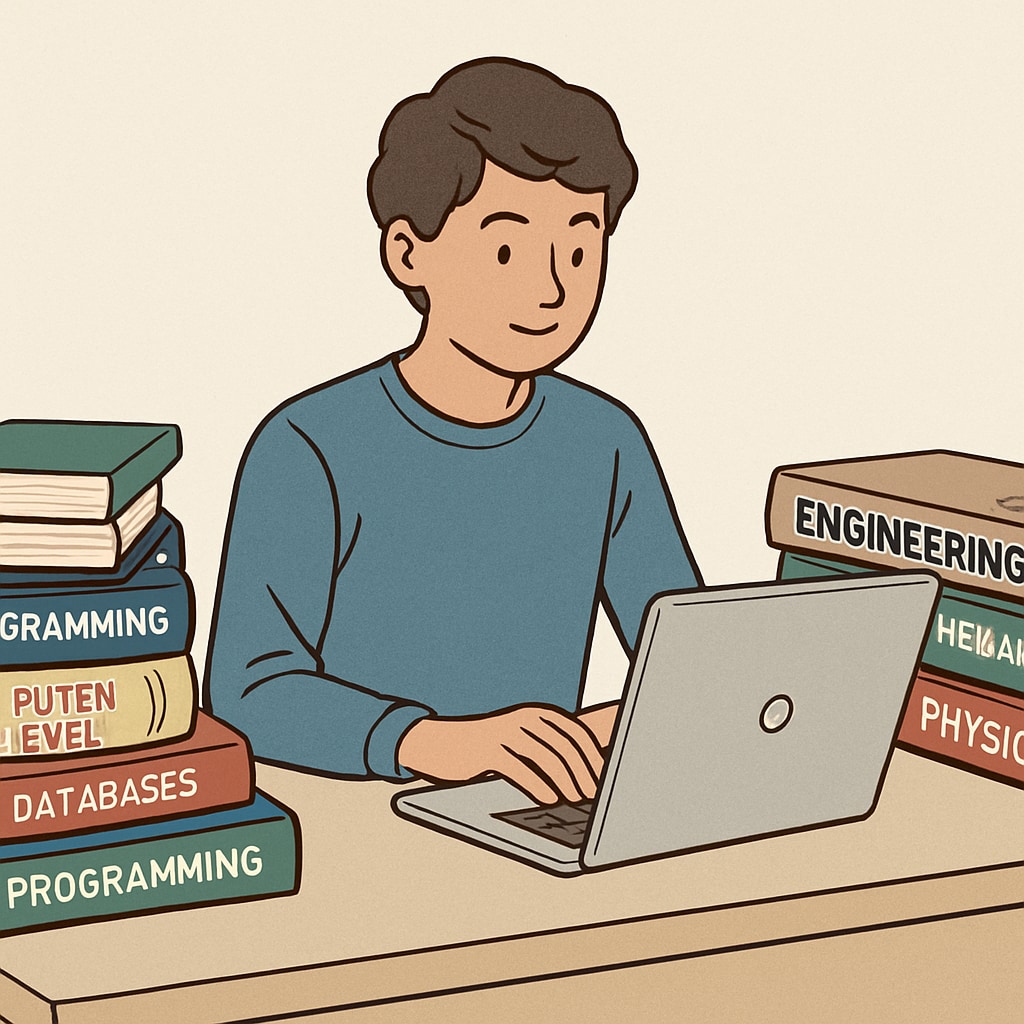 A young person sitting at a desk with a laptop, surrounded by books about programming and engineering, symbolizing the career decision-making process. Career choice between programmer and engineer, represented with books and a laptop.